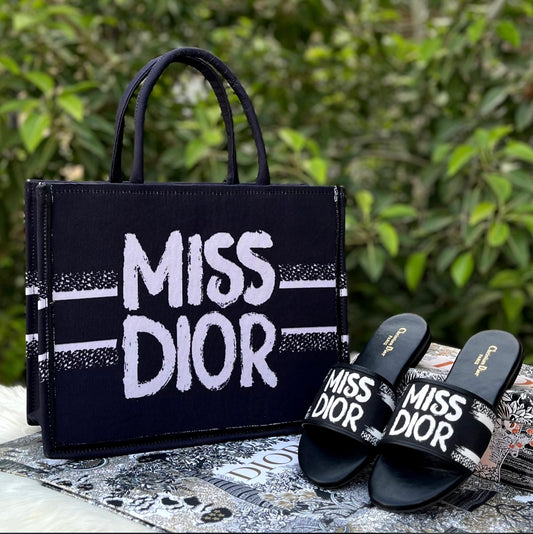 COMBO DEAL - MSS DIOR TOTE BAG & MISS DIOR SLIDES - FULL BLACK