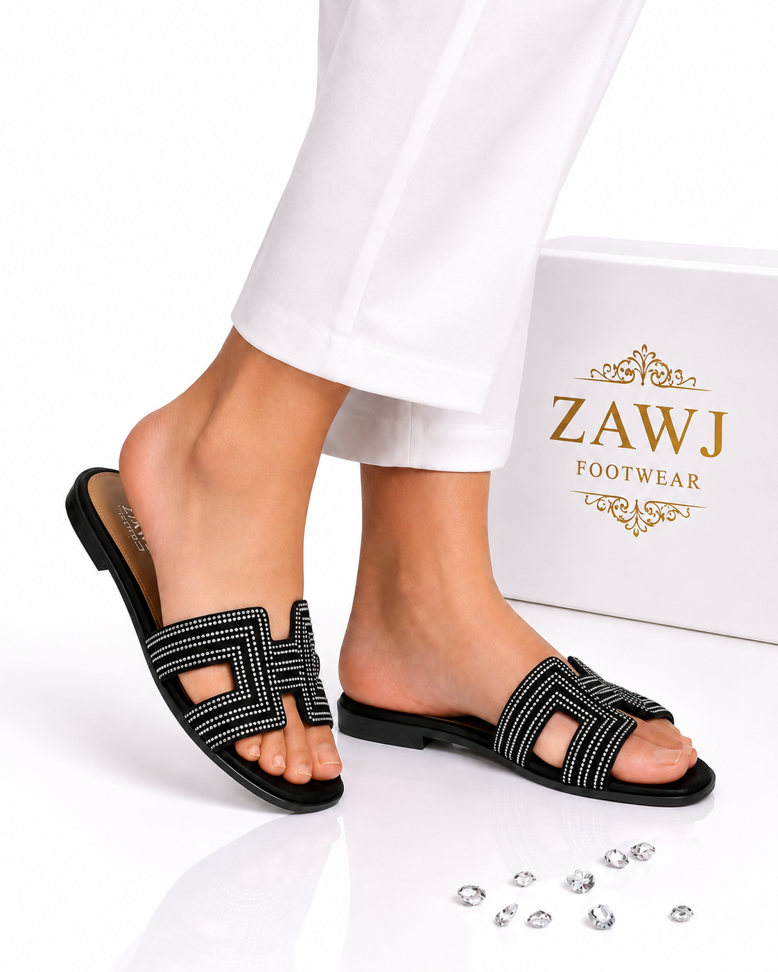 Women's Rhinestone Slide Slippers - Black
