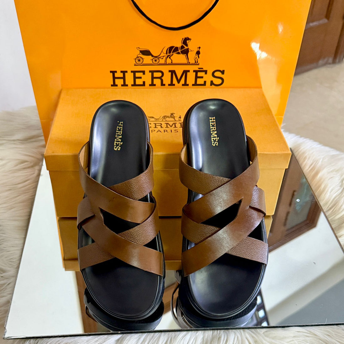 Hermes Men's Aura Slippers (Brown)