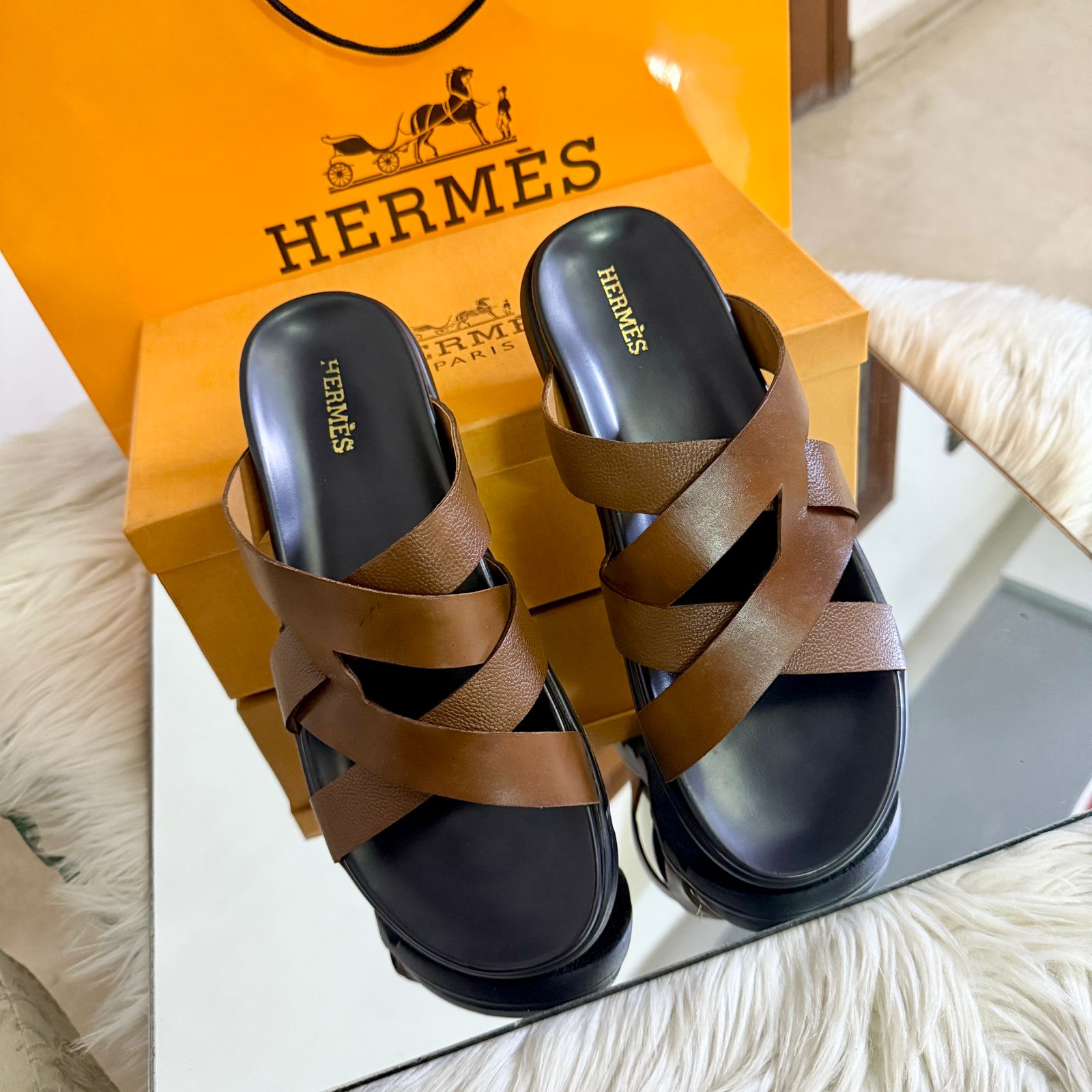 Hermes Men's Aura Slippers (Brown)