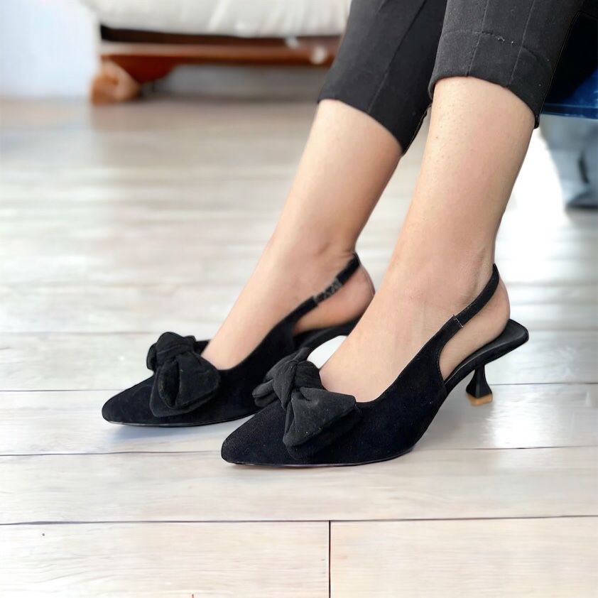 BOW SUEDED HEELS(black) - ZAWJ