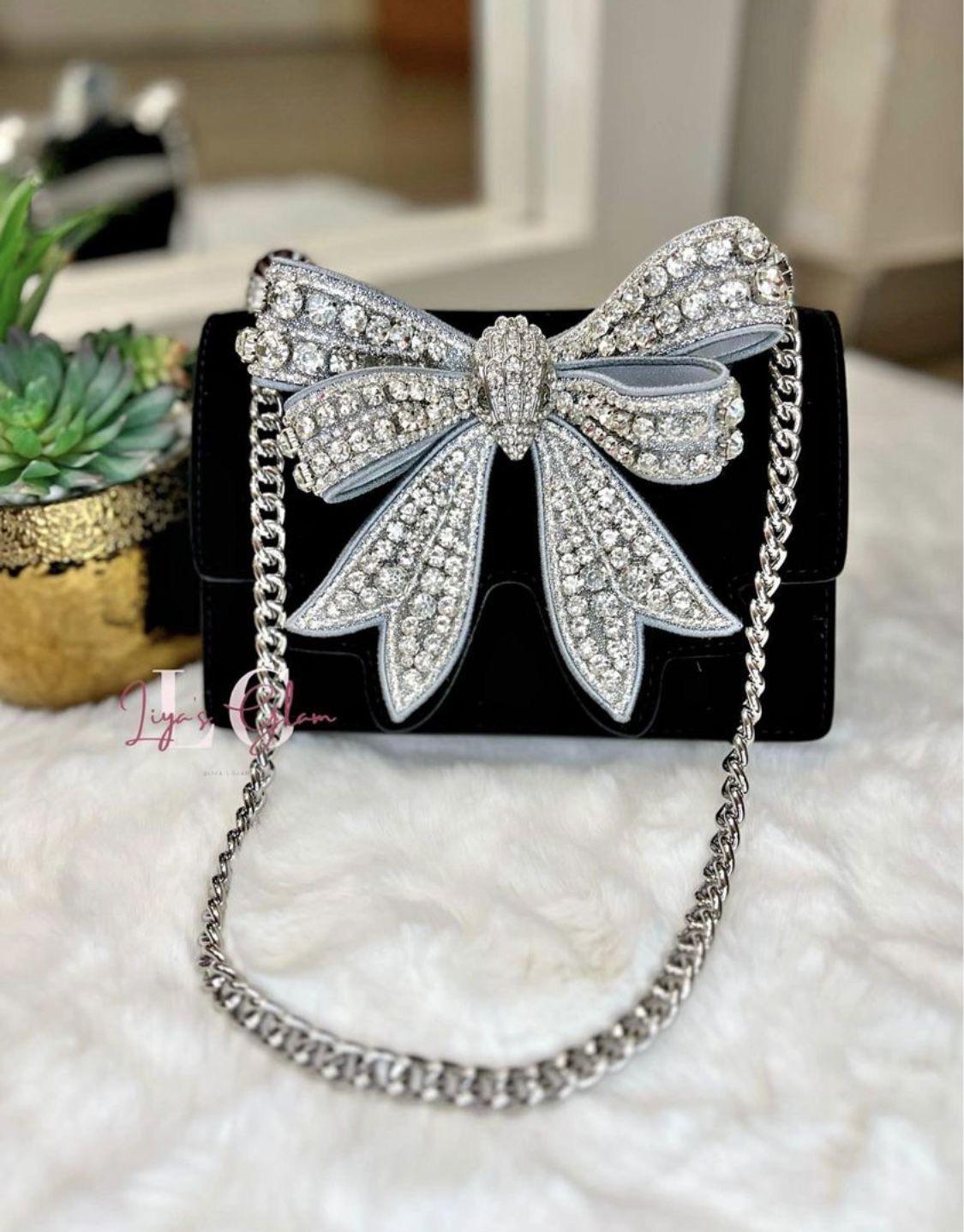 Kurt Geiger Silver Luxe Noir Crystal Bow Bag