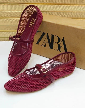 Mesh Mary Jane Flats - Maroon