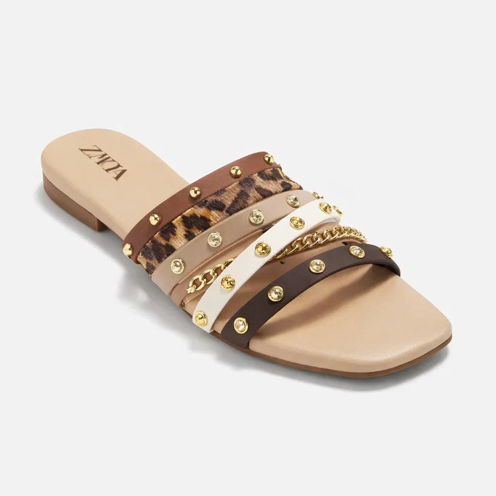 Studded Chain Slide Sandals - Fawn