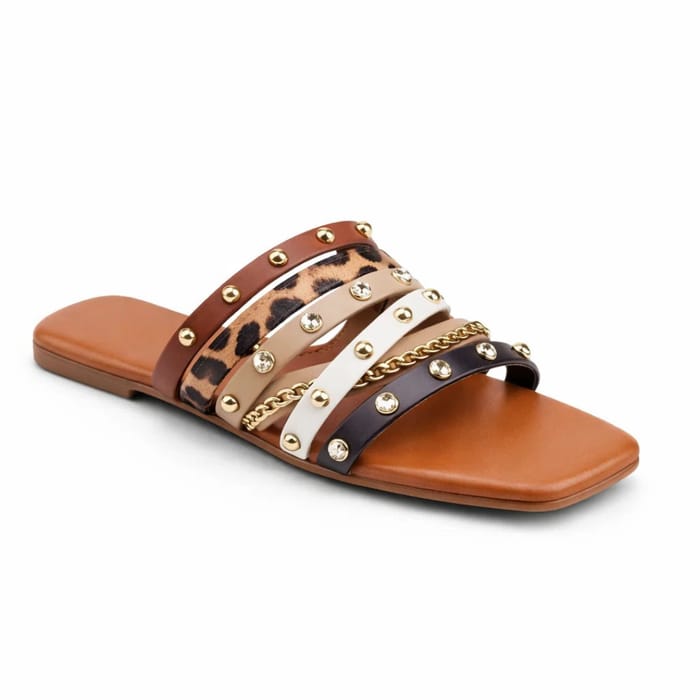 Studded Chain Slide Sandals - Fawn