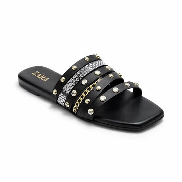 Studded Chain Slide Sandals - Black