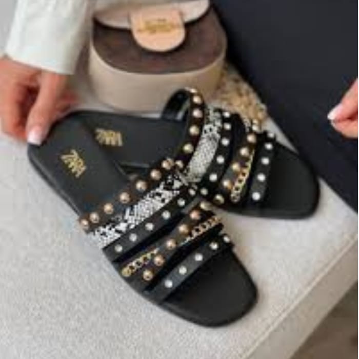 Studded Chain Slide Sandals - Black