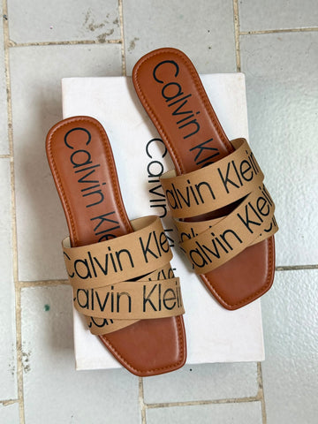 Double Strap Slide Sandals - Brown