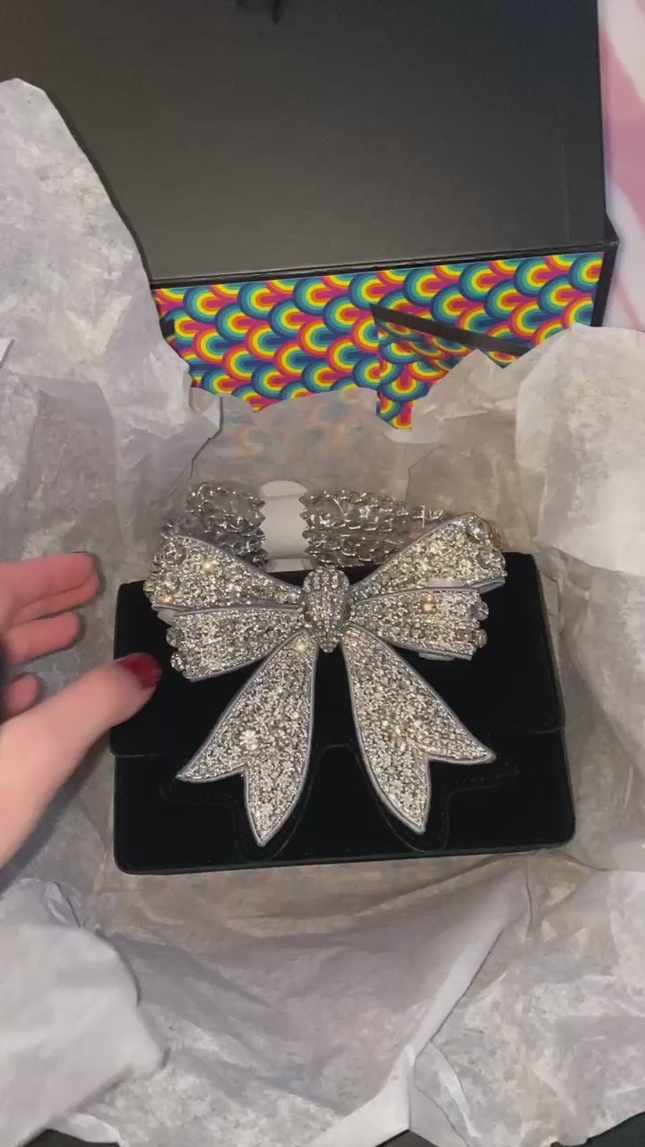 Kurt Geiger Silver Luxe Noir Crystal Bow Bag